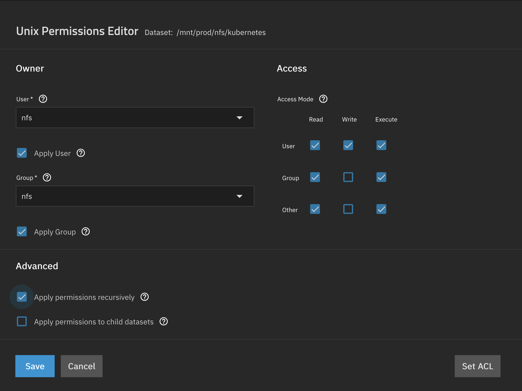 TrueNAS NFS dataset permissions